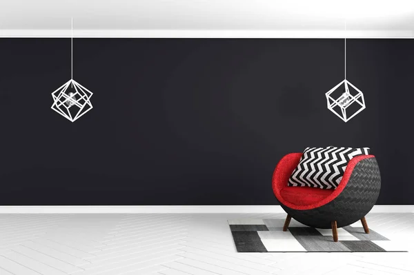 Svart vägg bakgrund i vitt glansigt golv med röd karmstol — Stockfoto