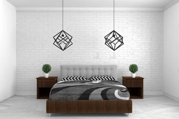 Vacker, sovrum i modern inredning på vitt golv och w — Stockfoto