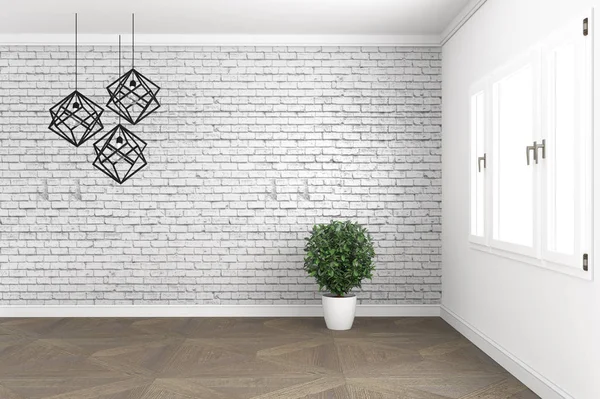 Дизайн лофт кімнати, з лампою і рослинами на білих вікнах в цеглі — стокове фото