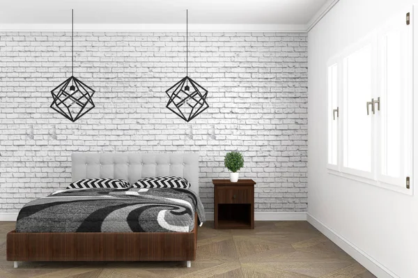 Bed room modern style with wooden floor and brick wall backgroun — Stock Photo, Image