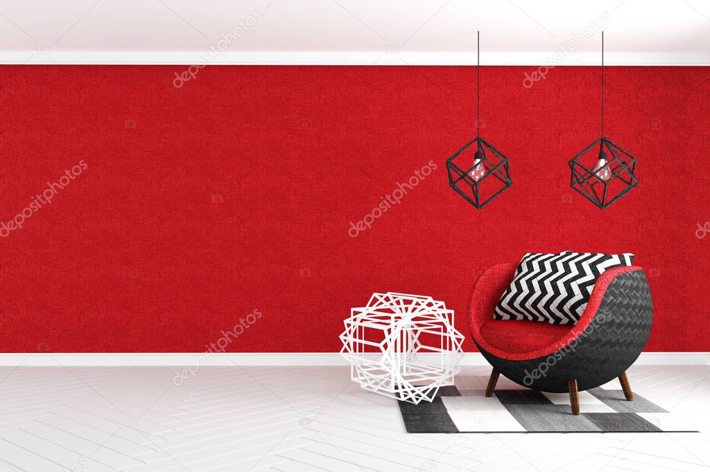 Living Room interior with velvet armchair on red wall background