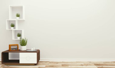 masa ve bitkiler, tropikal tarzı ile boş oda. 3d render