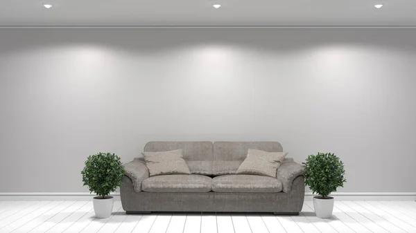 Moderner Innenraum mit Sofa und grünen Pflanzen im weißen Raum, 3d — Stockfoto