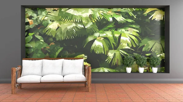 Tropical interior design, Natural style decoration on forest wal — Stock Photo, Image
