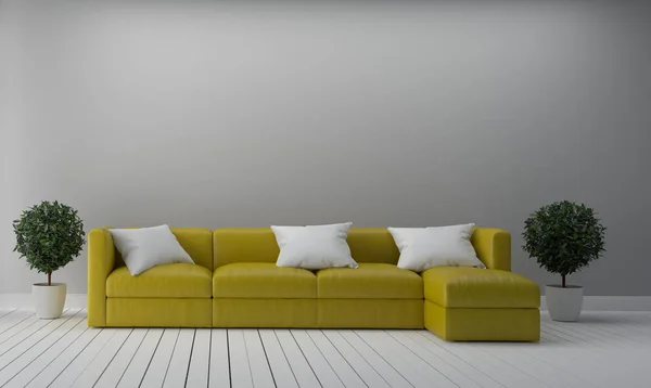 Σύγχρονη ζωή με κίτρινο καναπέ και φυτά άδειο λευκό τοίχο πίσω — Φωτογραφία Αρχείου