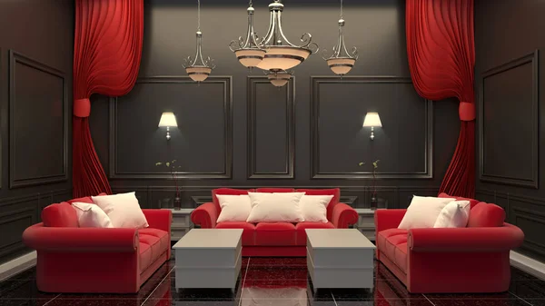 当代房间内部红色地板红色地板和黑色瓦尔 — 图库照片