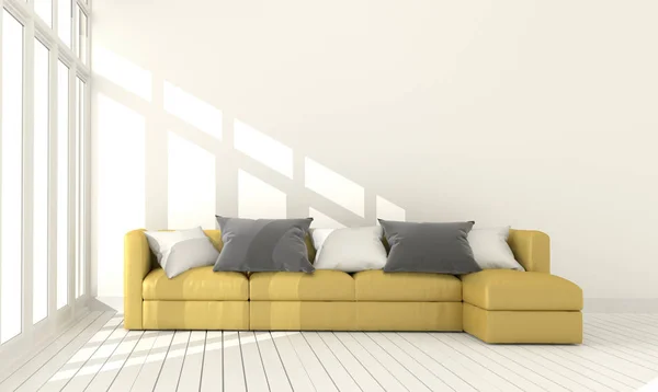 빈 흰색 벽 배경에 노란색 패브릭 소파.3d 렌더링 — 스톡 사진