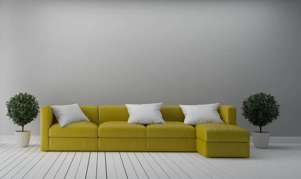 Modern living with yellow sofa and plants empty white wall backg — Stock Image Modern living with yellow sofa and plants empty white wall backg Stock Picture