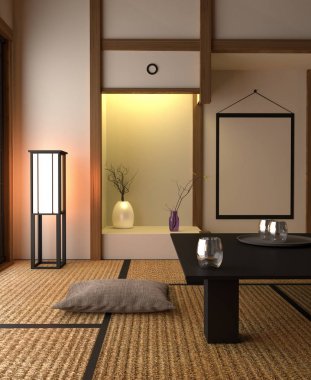 Japon tarzı iç tasarım - oturma odası. 3d render