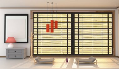 Japon tarzı oda iç tasarım. 3d render