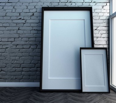 tuğla duvar ve ahşap ahşap zemin çerçeveleri. 3d render