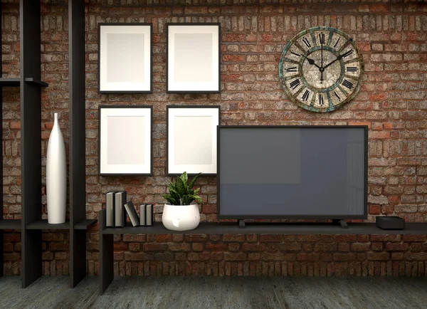 TV on the wall in Loft living room. 3d rendering