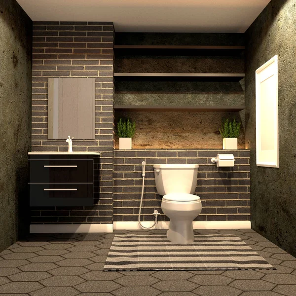 Estilo loft WC com tijolo preto no piso de azulejo hexágono. Reno 3D — Fotografia de Stock
