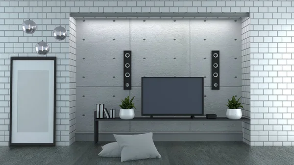 Televize na podkroví v bílé cihlové zdi. prostorové vykreslování — Stock fotografie