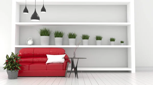 Rode bank Living interieur moderne kamer, planten en rode bank. 3D re — Stockfoto