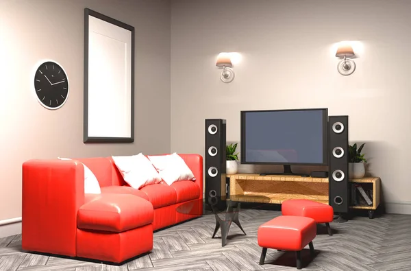 Salle de karaoké Style rouge moderne avec télévision et haut-parleur. rendu 3D — Photo