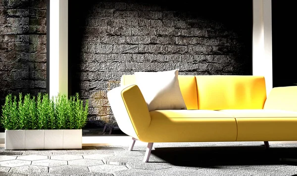 Schwarze Ziegelwand mit Betonboden hat Sofa und Pflanzen. 3d ren — Stockfoto