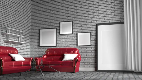 Canapé rouge dans un salon avec fond mural en brique blanche. 3ème r — Photo