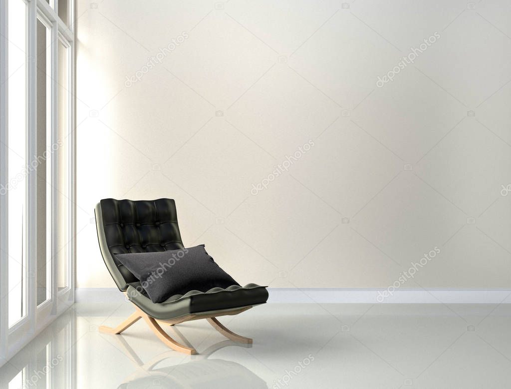 Black Leather Chair - Room interior on white wall background. 3D