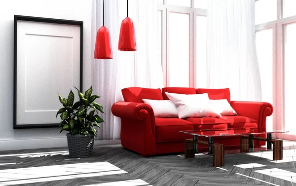 Czerwona sofa w salonie białym tle ściany. Renderowanie 3D — Zdjęcie stockowe