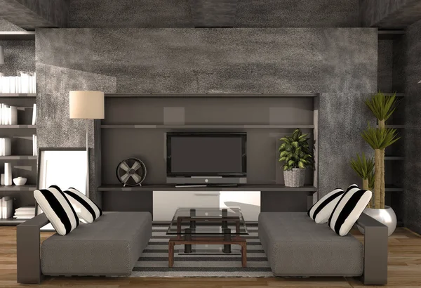 Salon sur mur en béton et mobilier style loft moderne. 3D — Photo