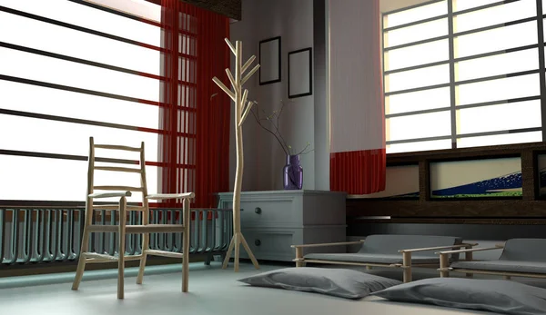 Japanese room interior, Living room design. 3D rendering