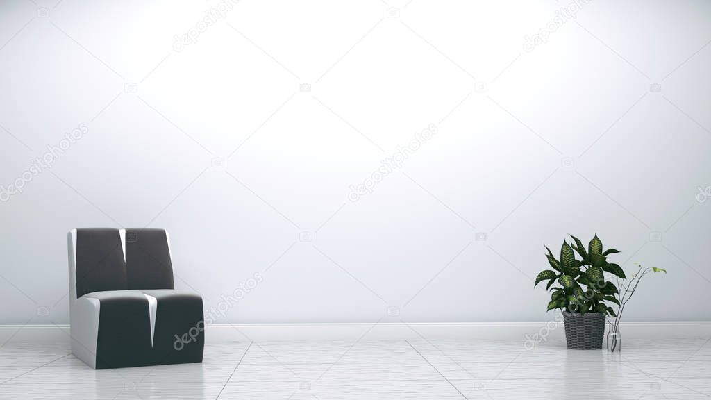 Grey armchair and plant on white wall empty background. 3D rende