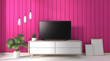 Pembe duvar arka plan üzerinde modern oturma odasında dolap tv, 3d r