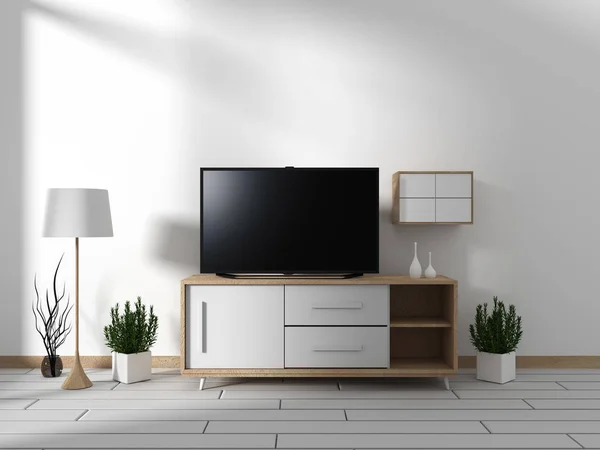 Smart Tv Mockup dengan layar hitam kosong tergantung di kabinet d — Stok Foto