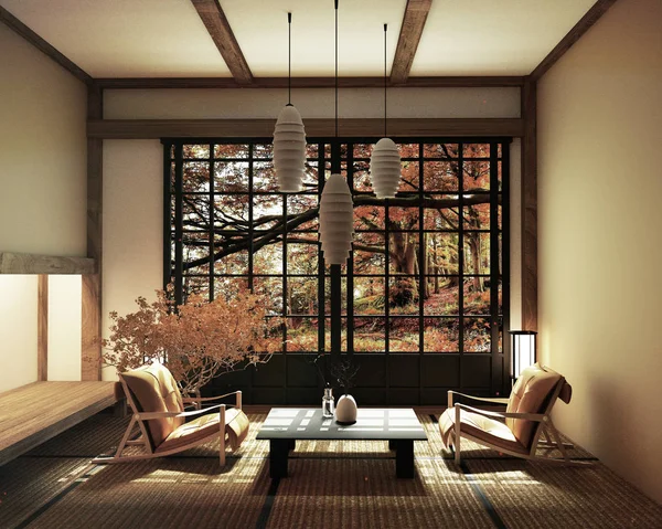 Bonsai ağacı ve tatami mat üzerinde düşük masa ile Bahar odası ve kazanmak — Stok fotoğraf