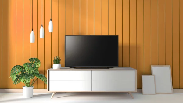 TV en el gabinete en la sala de estar moderna sobre fondo amarillo de la pared, 3d — Foto de Stock