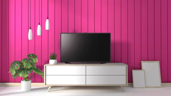 TV op kast in moderne woonkamer op roze muur achtergrond, 3D r — Stockfoto