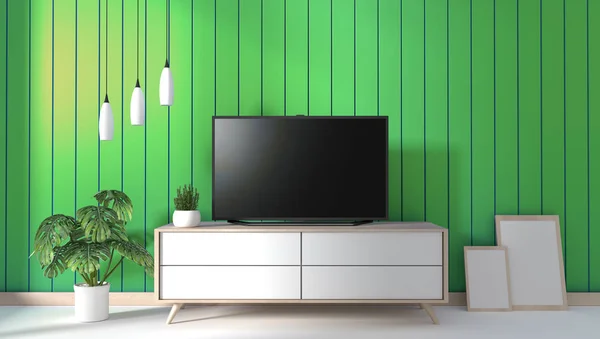 TV op kast in moderne woonkamer op groene muur achtergrond, 3D — Stockfoto
