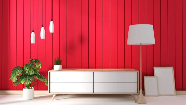 Tv cabinet in red modern room,minimal designs, zen style. 3d ren