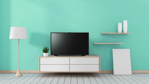 Smart Tv with blank black screen hanging on the cabinet, modern — Stock Photo, Image