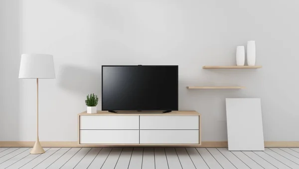Smart TV mockup met blanco zwart scherm opknoping op de kast d — Stockfoto
