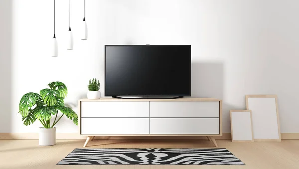 Smart Tv Mockup with blank black screen hanging on the cabinet d