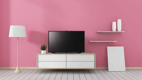 Smart-TV mit leerem schwarzen Bildschirm, der am Schrank hängt, modern — Stockfoto