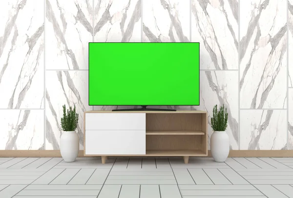 Smart TV-mockup med Tom grön skärm hängande på skåpet d — Stockfoto