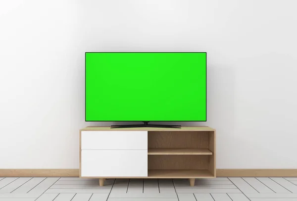 Smart TV-mockup med blank grön skärm hängande i modern vit — Stockfoto