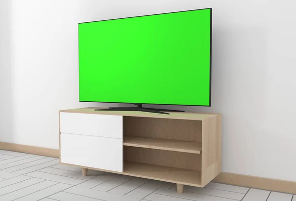 Smart TV-mockup med blank grön skärm hängande i modern vit — Stockfoto