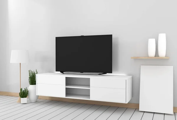 Smart Tv Mockup with blank black screen hanging on the cabinet d