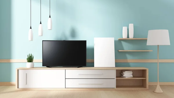 Televisión inteligente con pantalla negra en blanco colgando en el gabinete, moderno — Foto de Stock