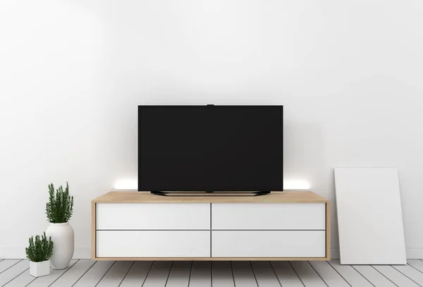 Elegantní TV mockup s prázdnou černou obrazovkou zavěšenou na skříni d — Stock fotografie