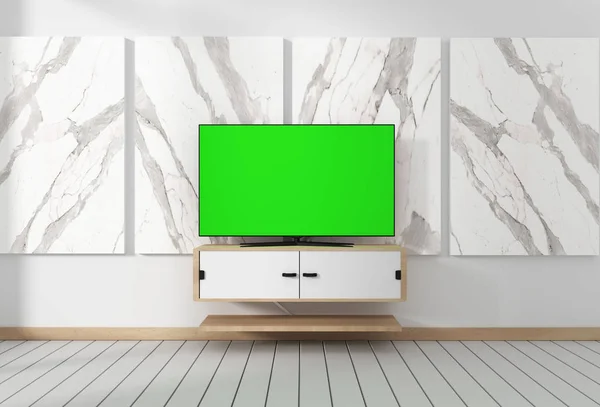 Smart Tv Mockup with blank green screen hanging on the cabinet d