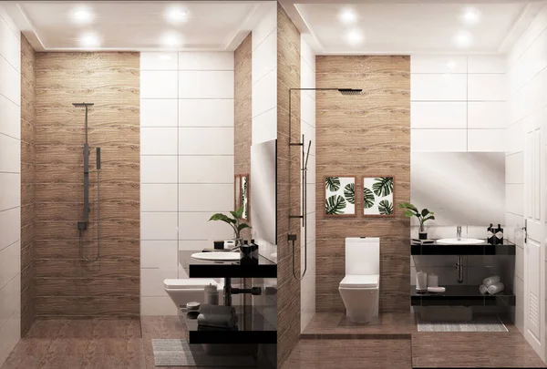Zen design bathroom wooden wall and floor - japanese style. 3D r