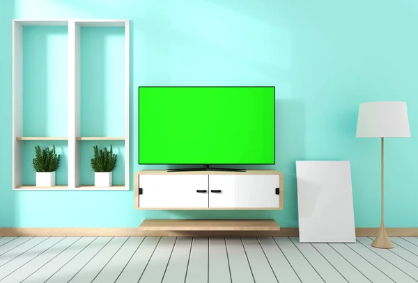 Smart Tv with blank green screen hanging on cabinet design, mode