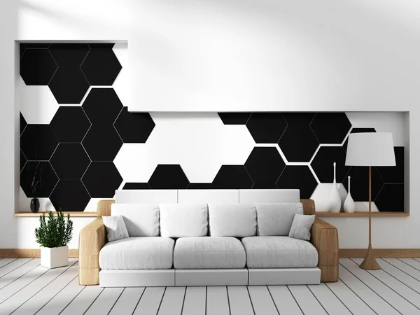 소파와 검은 육각 형 타일 벽이있는 객실입니다. 3D 렌더링 — 스톡 사진