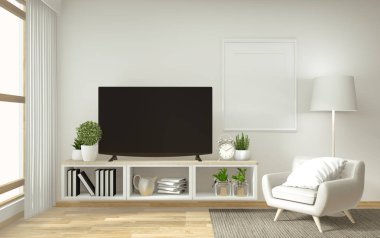 Zen modern boş odada raf TV, minimal tasarım kadar sahte, 3D yeniden