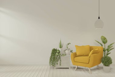 Liv içinde gri koltuk ve dekorasyon bitkileri ile Iç mock